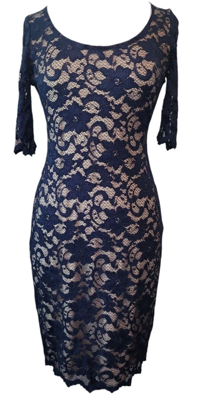 Belle By Badgley Mischka Blue Gold ‘Julian’ Lace Dress Size 6 Stretch Cocktail